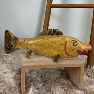 Handcrafted Wood Folk Art Novelty Fish Spearing Decoy With Metal Fins